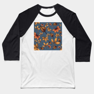 Autumn Leaves Pattern Design Blue Background Baseball T-Shirt